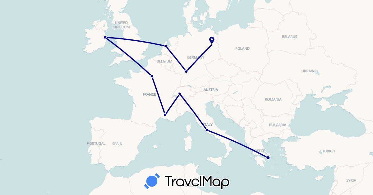 TravelMap itinerary: driving in Switzerland, Germany, France, Greece, Ireland, Italy, Netherlands (Europe)